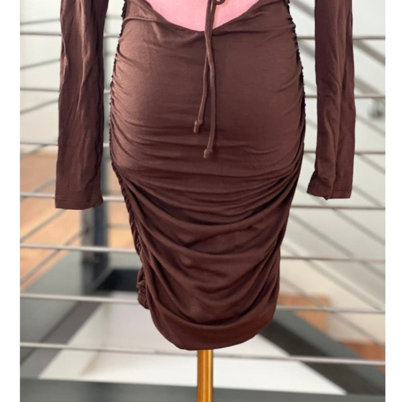Naked Wardrobe Ruched Long Sleeve Back Cutout Mini Dress in Chocolate - Picture 7 of 11